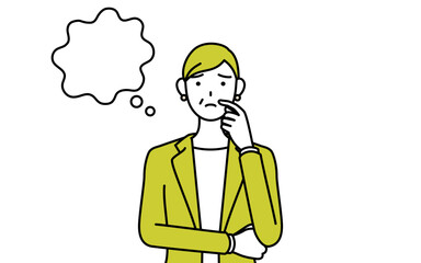 顔をかきながら考えるスーツ姿のシニア女性、女性管理職・キャリアウーマン