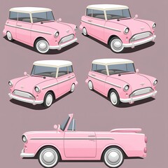 cartoon pink car from the back, front and side view. 