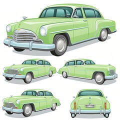 cartoon green car from the back, front and side view. 