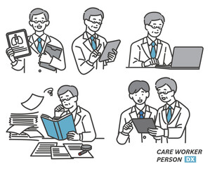 DX推進でタブレットやパソコンを持つ医者の人物のベクターイラスト素材／医者／看護師