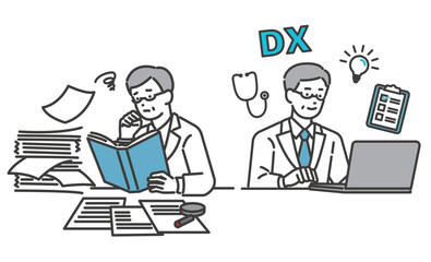 DX化で業務の効率化が進んだ医者のベクターイラスト素材／医療／IT／診療報酬改定DX／効率化