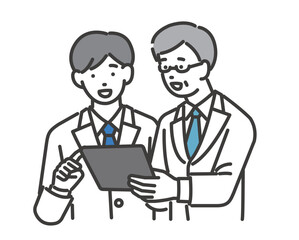 DX化で業務の効率化により電子カルテで話し合いをするのベクターイラスト素材／医療／IT／診療報酬改定DX／効率化