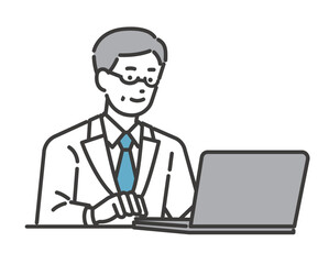 DX推進で効率よくパソコンを操作する医者のベクターイラスト素材／医療／IT／診療報酬改定DX／効率化