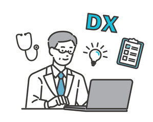 DX化で業務の効率化が進んだ医者のベクターイラスト素材／医療／IT／診療報酬改定DX／効率化