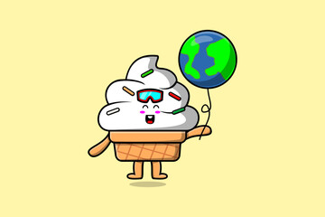 Cute cartoon Ice cream floating with balloon cartoon vector illustration 