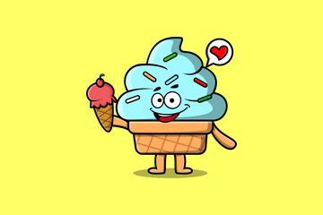Cute Cartoon Ice cream character holding ice cream cone in modern cute style illustration