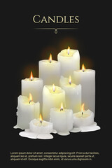 Banner with realistic burning white candles on a black background. 3d candles with melting wax, flame and halo of light. Vector illustration with mesh gradients. EPS10.