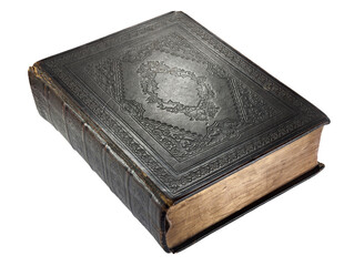 Antique book with embossed black binding and edge gilding viewed obliquely isolated on a white...