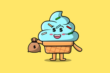 Cute cartoon Crazy rich Ice cream with money bag shaped funny in modern design illustration
