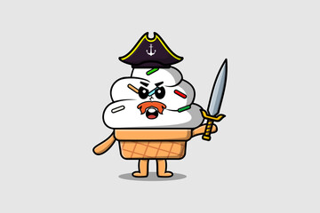 Cute cartoon mascot character Ice cream pirate with hat and holding sword in modern design