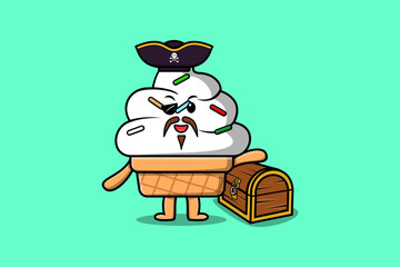 Cute cartoon character Ice cream pirate with treasure box illustration in modern style design