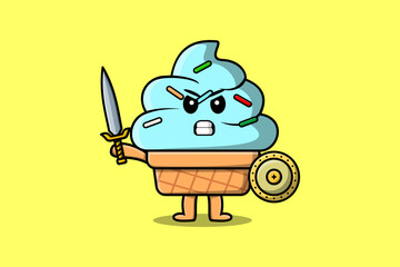 Cute cartoon character Ice cream holding sword and shield in modern style design