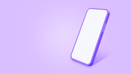 Blank screen mobile phone on purple background. Mockup for mobile applications, banner, web page designs. 3D illustration.