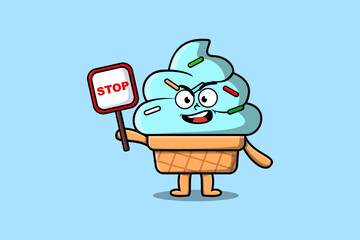 Cute Cartoon mascot illustration Ice cream with stop sign board vector drawing   