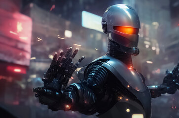 Naklejka premium robot battle in the middle of the city.
