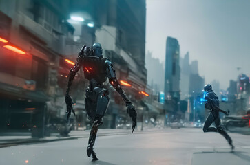 Obraz premium robot battle in the middle of the city.