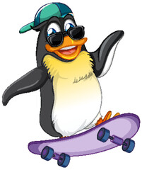Cute penguin cartoon character skateboarding