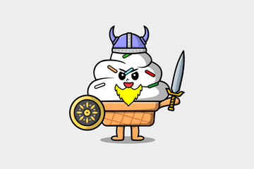 Cute cartoon character Ice cream viking pirate with hat and holding sword and shield illustration