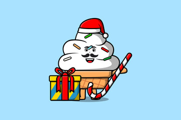cute cartoon Ice cream santa clause character is bringing candy cane and boxes christmas 