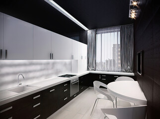 3d render of a modern kitchen in an city apartment. Kitchen interior design with black cabinets below and white cabinets on the top. 3d illustration breakfast area in the kitchen