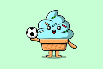 Cute cartoon Ice cream character playing football in flat cartoon style illustration