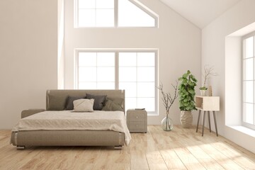 White bedroom interior. Scandinavian design. 3D illustration