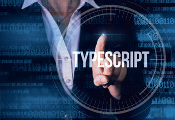 Business Woman with finger pressing TypeScript button on virtual screens. Modern technology concept
