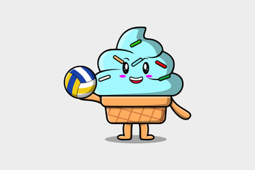 Cute cartoon Ice cream character playing volleyball in flat cartoon style illustration