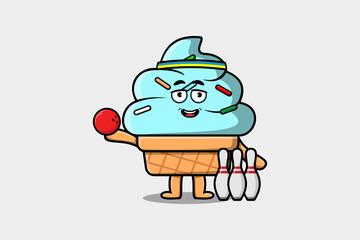 Cute cartoon Ice cream character playing bowling in flat modern style design illustration