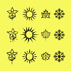 Set of four seasons icon set. Vector graphic element illustrations representing winter, spring, summer, autumn. Snowflake, flower, sun and maple leaf