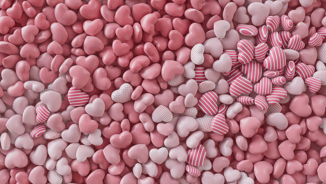 Multicolored Heart background. Valentine Wallpaper with Pink, Polka Dot and Striped love hearts. 3D Render 