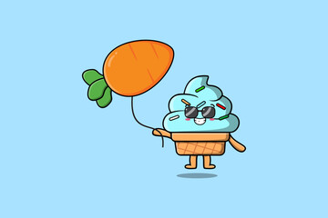 Cute cartoon Ice cream floating with carrot balloon in flat cartoon vector icon illustration