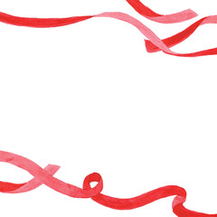 水彩画。水彩タッチの赤いリボンベクターイラスト。赤いリボンのベクターフレームと背景。Watercolor painting. Red ribbon vector illustration with watercolor touch. Red ribbon vector frame and background.