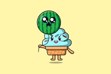 Cute cartoon Ice cream floating with watermelon balloon in flat cartoon vector icon illustration