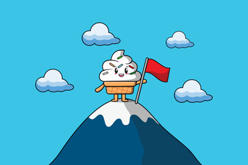 Illustration of cute character Ice cream climbs top mountain in flat modern design