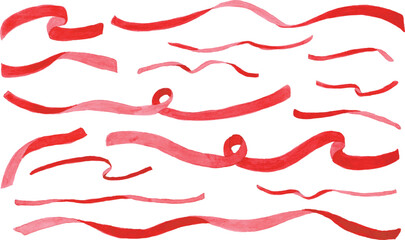 水彩画。水彩タッチの赤いリボンベクターイラスト。赤いリボンのベクターフレームと背景。Watercolor painting. Red ribbon vector illustration with watercolor touch. Red ribbon vector frame and background.