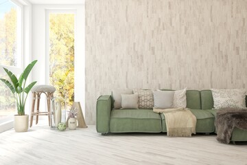 Stylish room in white color with sofa and autumn landscape in window. Scandinavian interior design. 3D illustration
