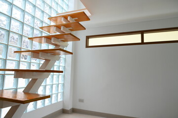 wooden staircase and glass wall, interior design