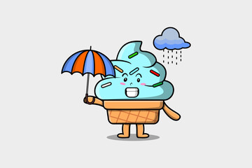 Cute cartoon Ice cream character in the rain and using an umbrella in flat modern style design
