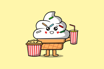 Cute cartoon Ice cream with popcorn and drink ready to watching film in cinema
