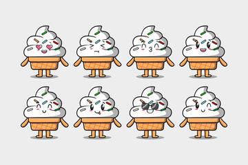 Set kawaii Ice cream cartoon character with different expressions cartoon face vector illustrations
