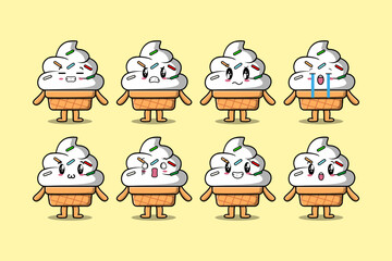 Set kawaii Ice cream cartoon character with different expressions cartoon face vector illustrations