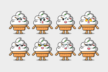 Set kawaii Ice cream cartoon character with different expressions cartoon face vector illustrations