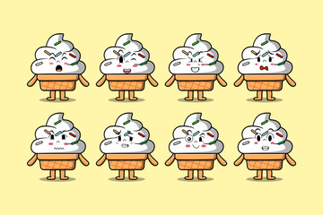 Set kawaii Ice cream cartoon character with different expressions cartoon face vector illustrations