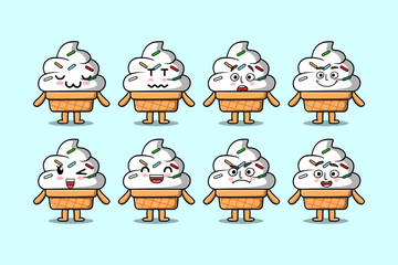 Set kawaii Ice cream cartoon character with different expressions cartoon face vector illustrations