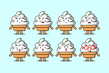 Set kawaii Ice cream cartoon character with different expressions cartoon face vector illustrations