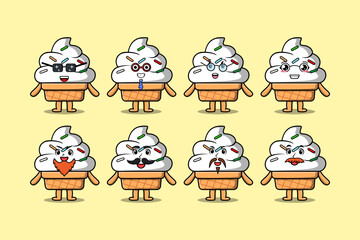 Set kawaii Ice cream cartoon character with different expressions cartoon face vector illustrations