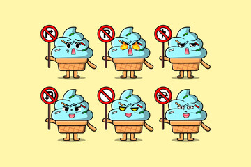 Cute Ice cream cartoon character holding traffic sign illustration in modern 3d style design