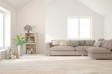 White living room with sofa. Scandinavian interior design. 3D illustration