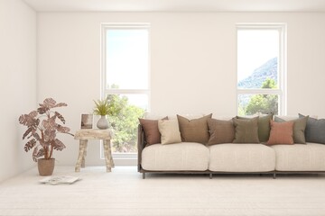 White living room with sofa and summer landscape in window. Scandinavian interior design. 3D illustration
